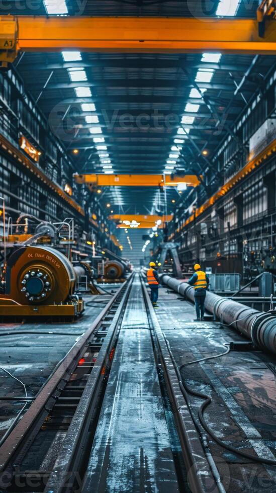 Industrial factory interior with heavy machinery and steel pipes, bathed in warm and blue lighting. Concept of industrial manufacturing, engineering, metalworking, large-scale production. Vertical photo