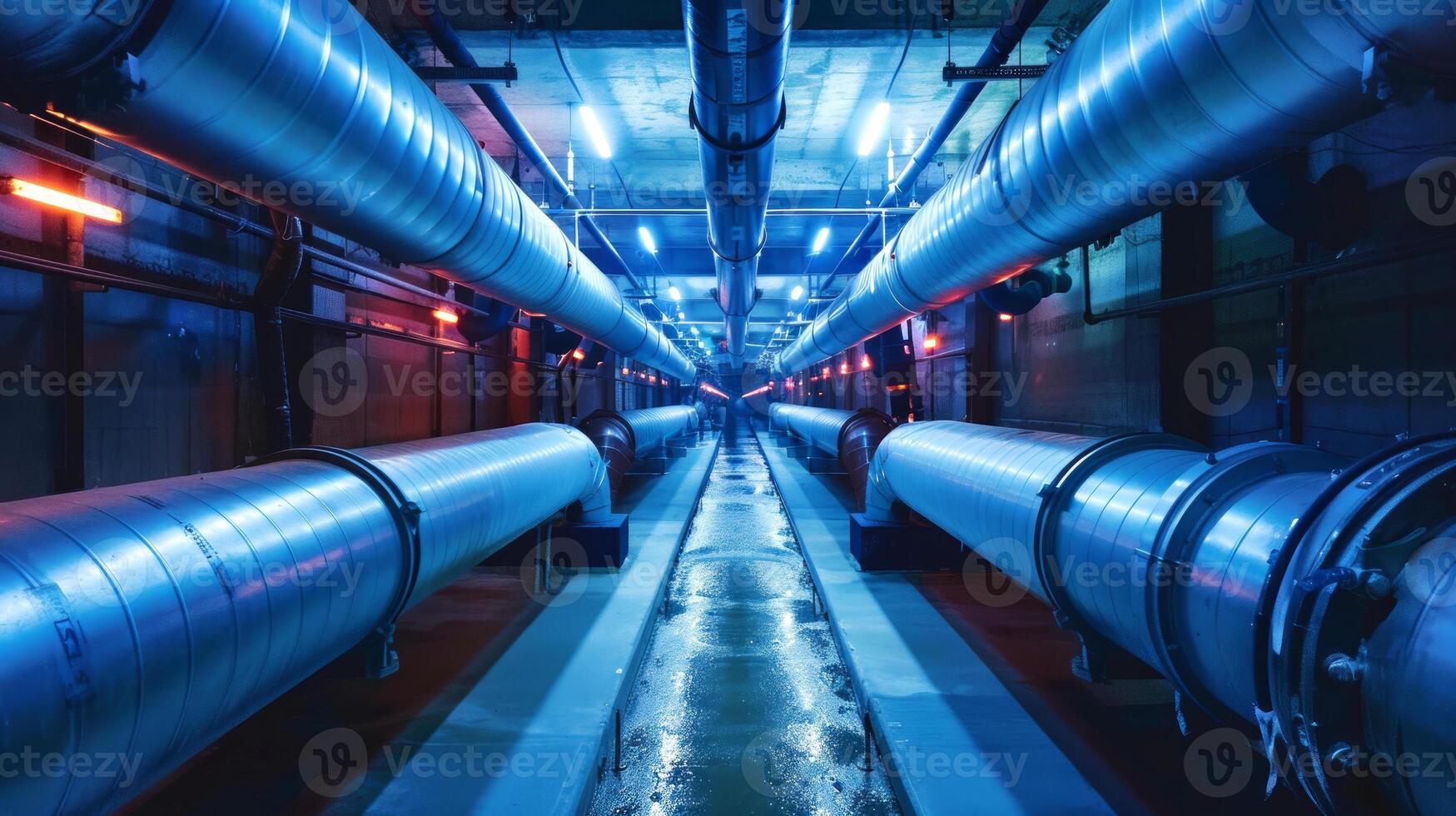 Industrial underground tunnel with large pipelines extending into the distance. Concept of infrastructure, utility systems, urban engineering, and industrial design photo
