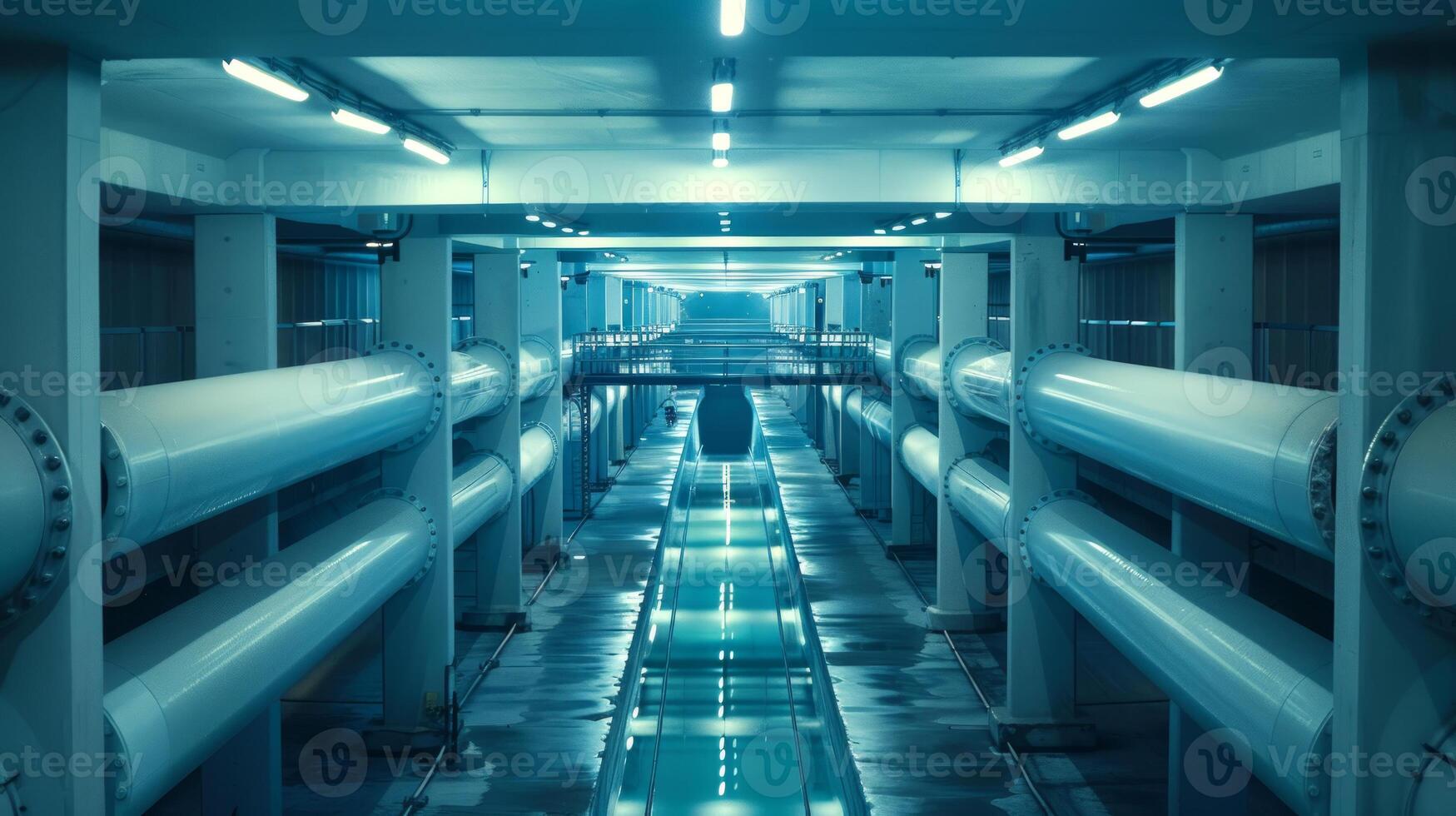Industrial underground tunnel with large pipelines extending into the distance. Concept of infrastructure, utility systems, urban engineering, and industrial design photo