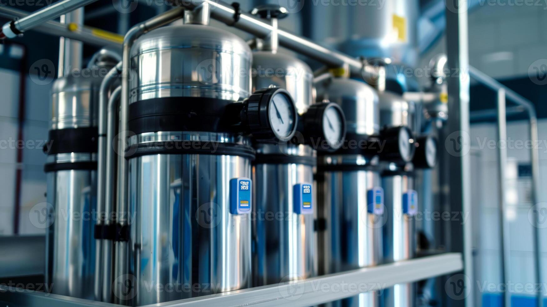 Industrial water filtration system with stainless steel tanks and gauges. Concept of water purification, filtration technology, clean water, industrial engineering photo