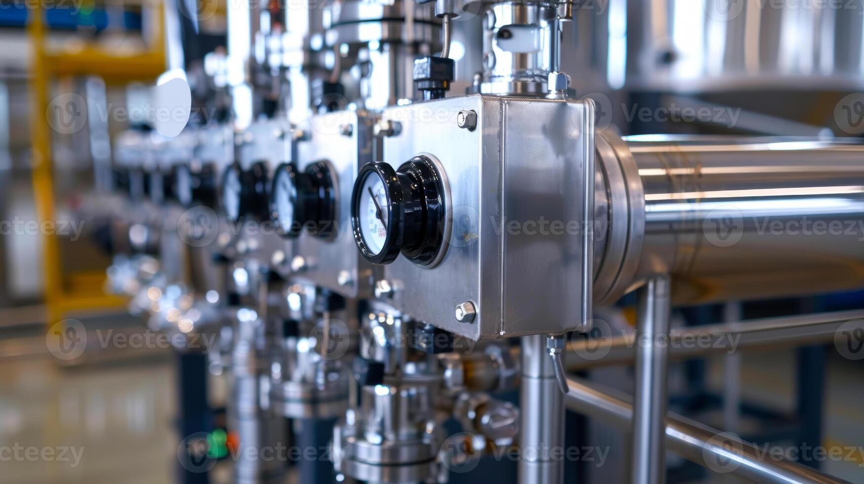 Close-up of a modern water filtration system with stainless steel components and pressure gauges. Concept of industrial filtration, water treatment, clean technology, and modern engineering photo
