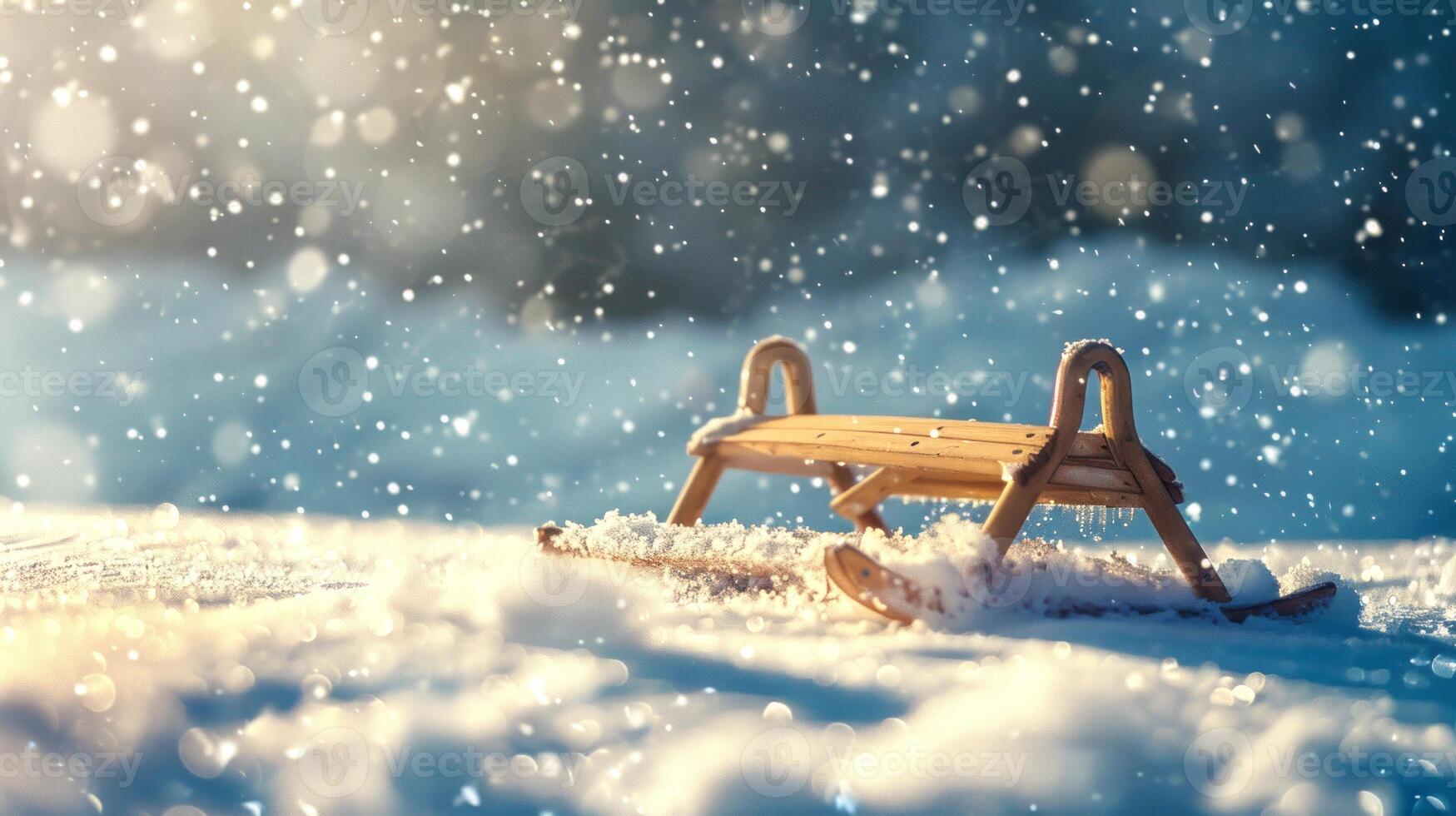 Wooden sled resting on snowy ground in a winter wonderland Concept of snow activity, holiday fun, outdoor play, winter recreation photo