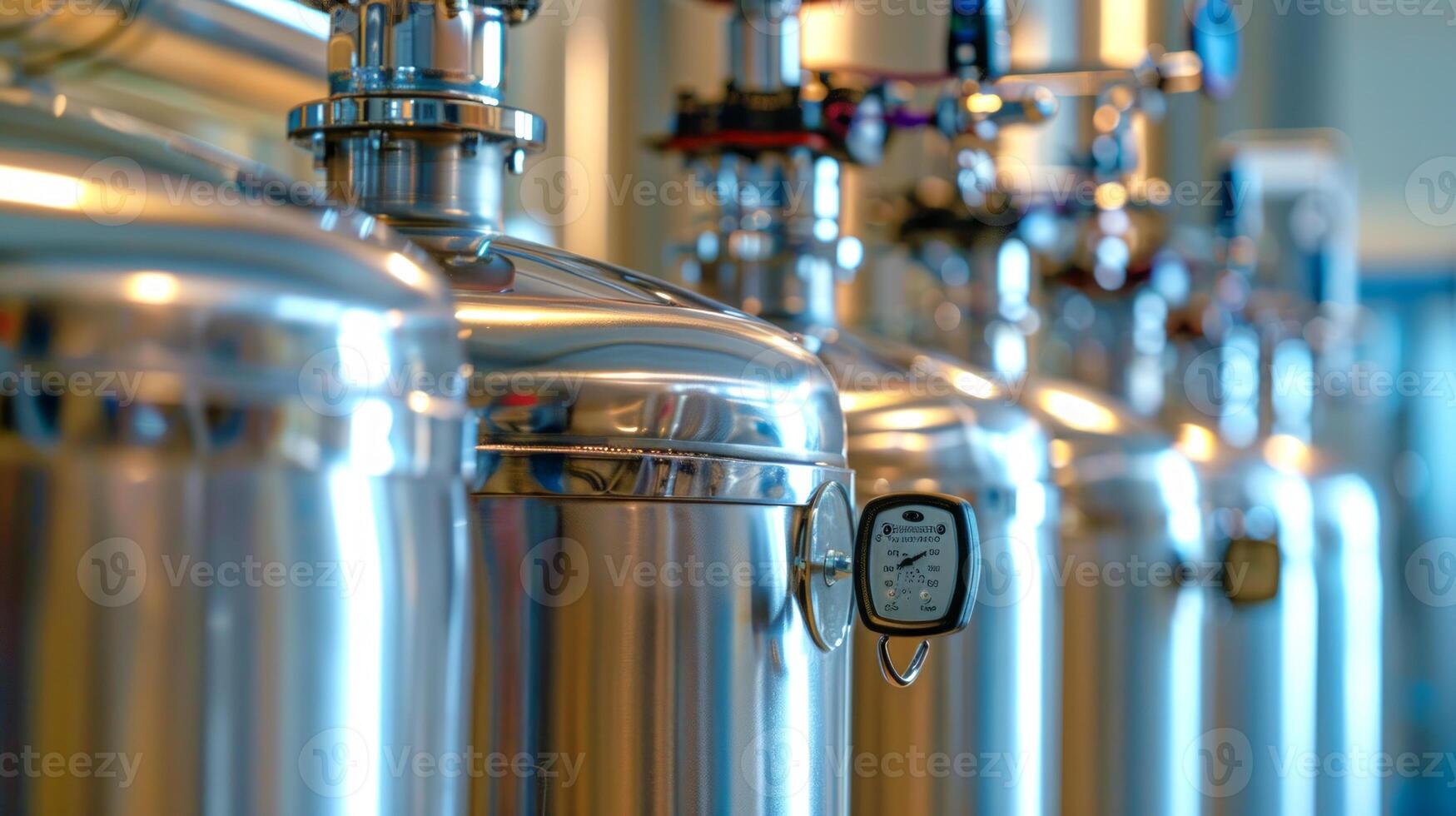 Industrial stainless steel tanks with pressure gauges. Concept of brewery, manufacturing, storage containers, beverage production photo