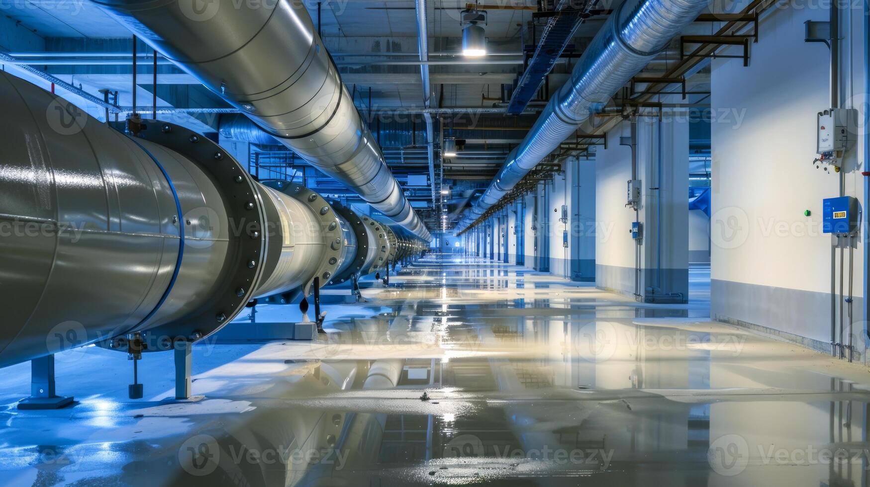 Industrial underground tunnel with large pipelines extending into the distance. Concept of infrastructure, utility systems, urban engineering, and industrial design photo