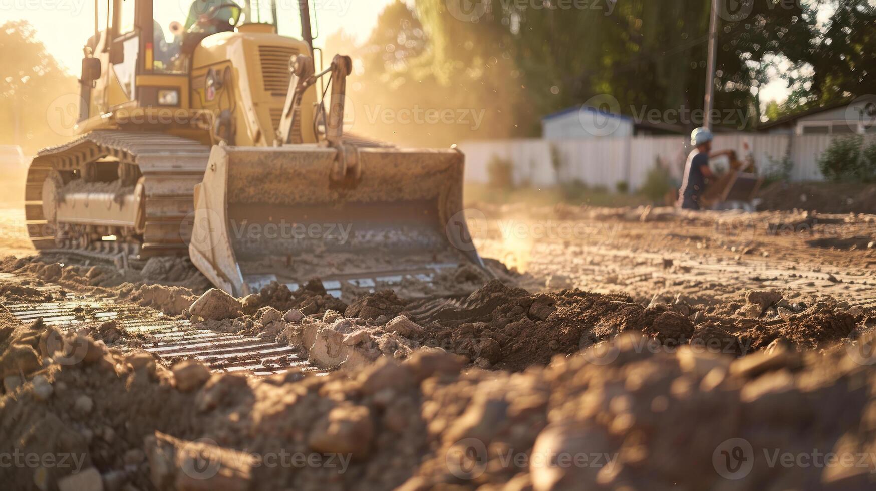 Heavy construction machinery on a muddy construction site at sunset. Concept of Bulldozer, construction work, heavy equipment, industrial development, engineering photo