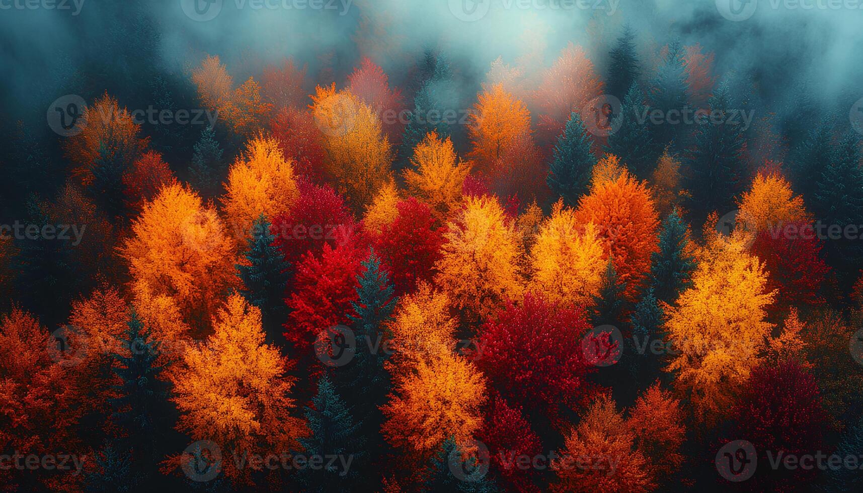 pine forest during fall and autumn time shot from bird's eye view to signify the changing of seasons. red, orange and green moody forest with fog for a campaign concerning the preservation of forests photo