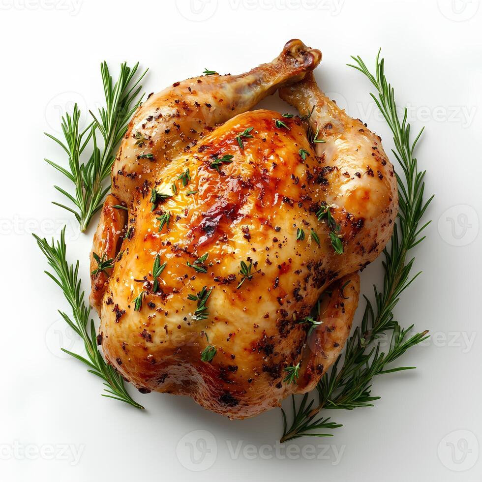 roasted chicken isolated on white background with shadow. roasted chicken with stuffing top view in celebration of thanksgiving day photo