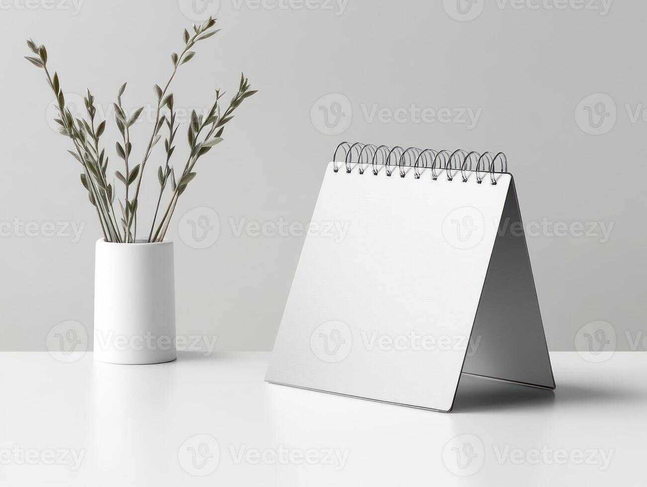 a white desk with a blank calendar and a vase photo