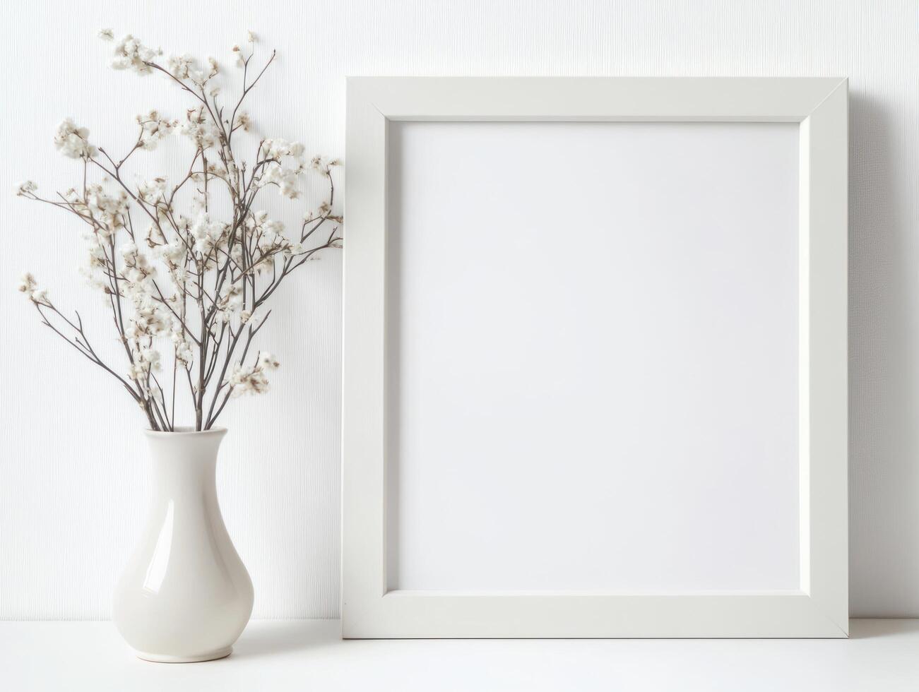 blank white frame mockup with vase on white background photo