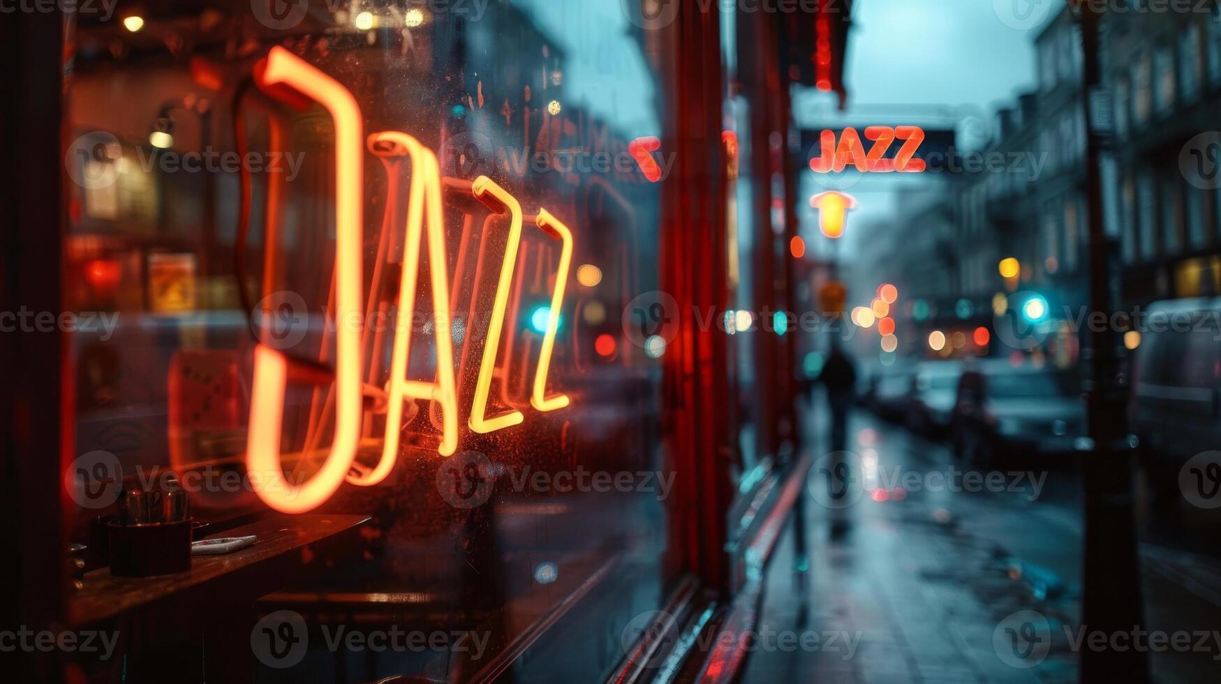 A vibrant neon sign Jazz shines through window, inviting to enjoy live music during a rainy evening photo