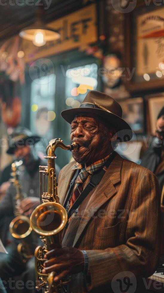 Black musicians in New Orleans. Mardi Gras street parade. Jazz Appreciation Month. Vertical banner photo