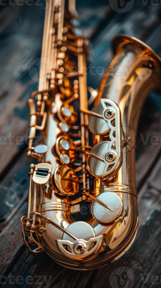 Shiny golden saxophone on wooden surface, intricate details. Jazz music instrument. Vertical banner photo
