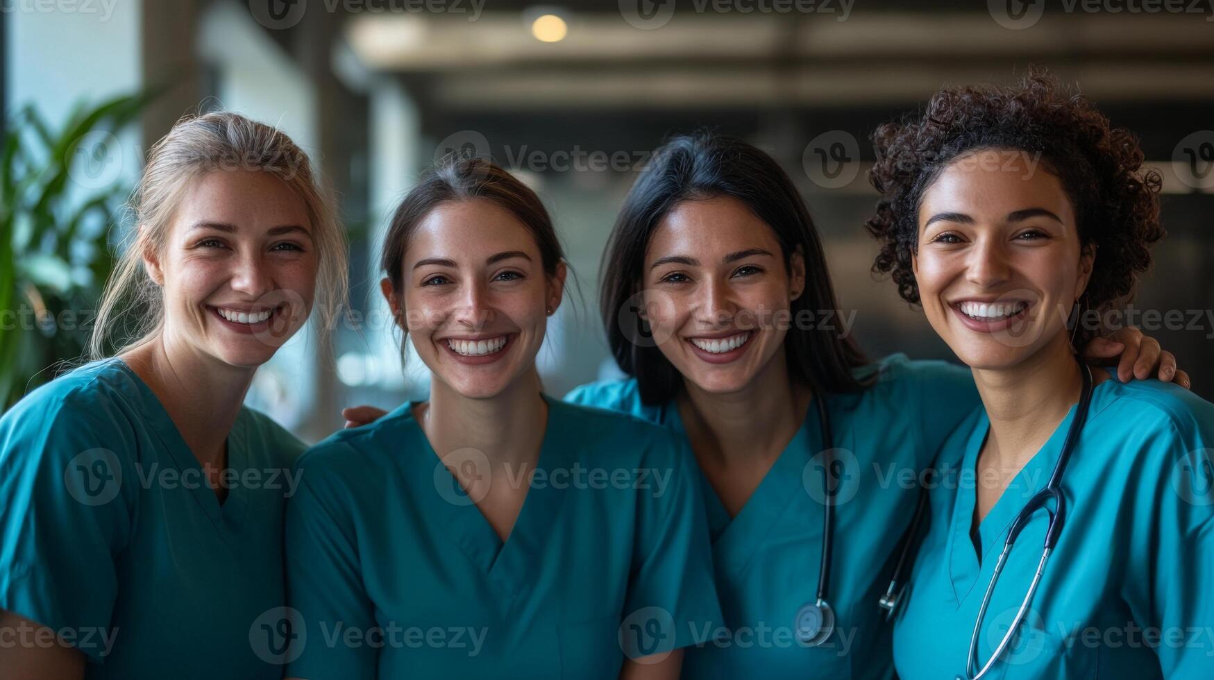 A group of diverse nurses smiles brightly, showcasing camaraderie and achievement in a healthcare environment photo
