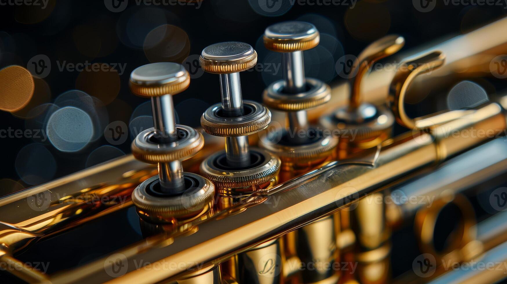 Close-up of a shiny golden saxophone, revealing its keys and elegant design in a black background photo
