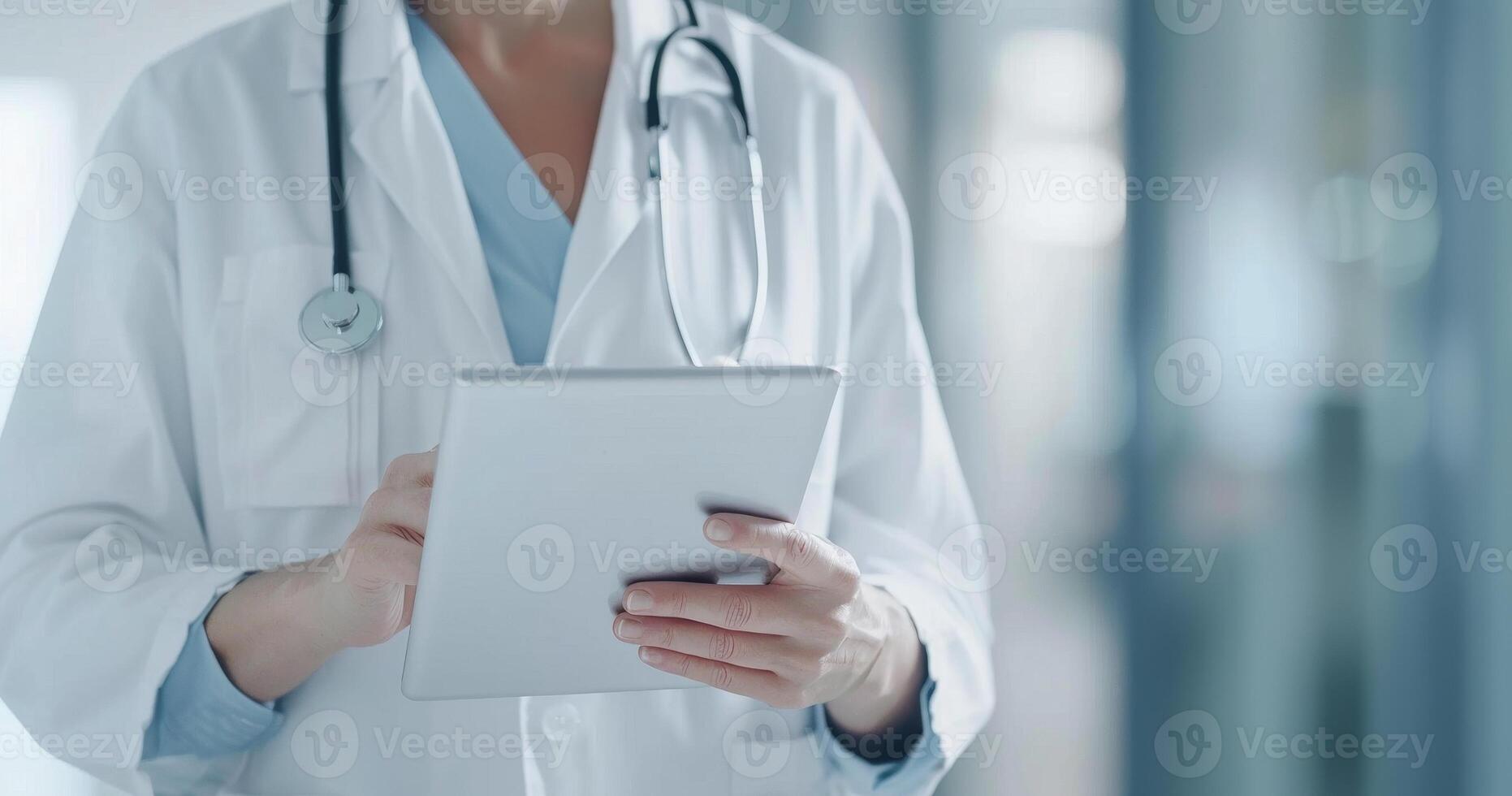 A professional doctor interacts with a tablet computer, reviewing patient information in a hospital photo