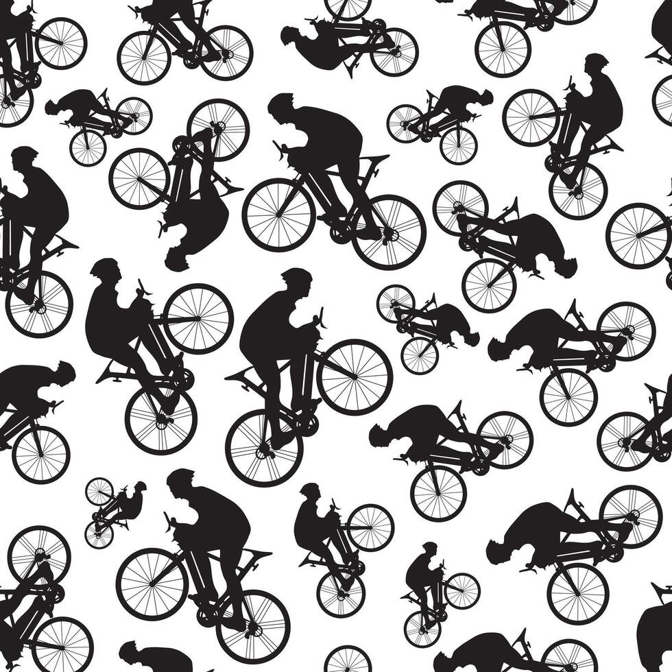 A pattern with black cyclist silhouettes on a white background. Ideal for sports-themed designs, fabrics, wallpapers, and wrapping paper. Dynamic and energetic cycling motif. vector