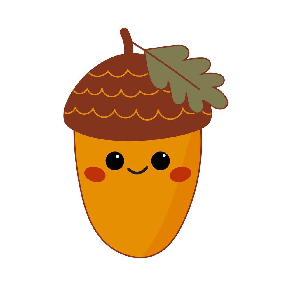 Cute Acorn Character Smiling Flat Isolated with Leaf for Autumn Decor and Kids Crafts. vector