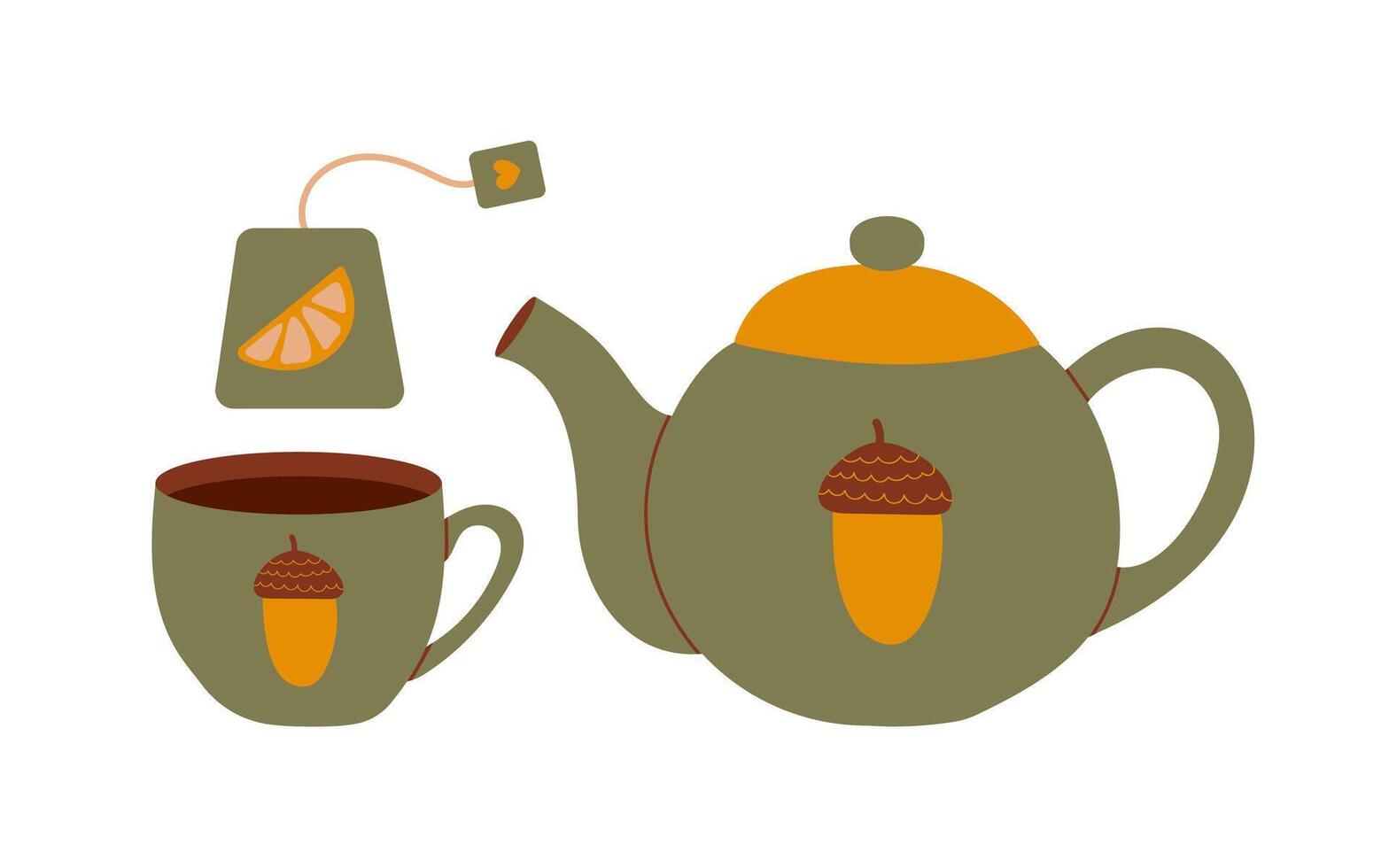 Charming Green Tea Set Featuring Teapot, Cup, Teabag with Acorn and Heart Design, Isolated Hand Drawn Illustration Perfect for Autumn and Fall Indoor Decor. vector