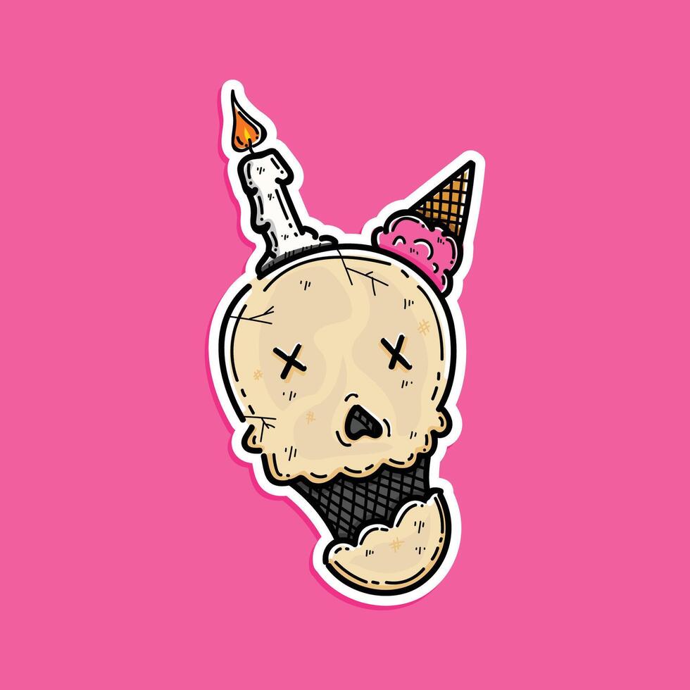 Skull cute with candle and strawberry ice cream on the top of head skull, sticker style isolated in a pink background vector