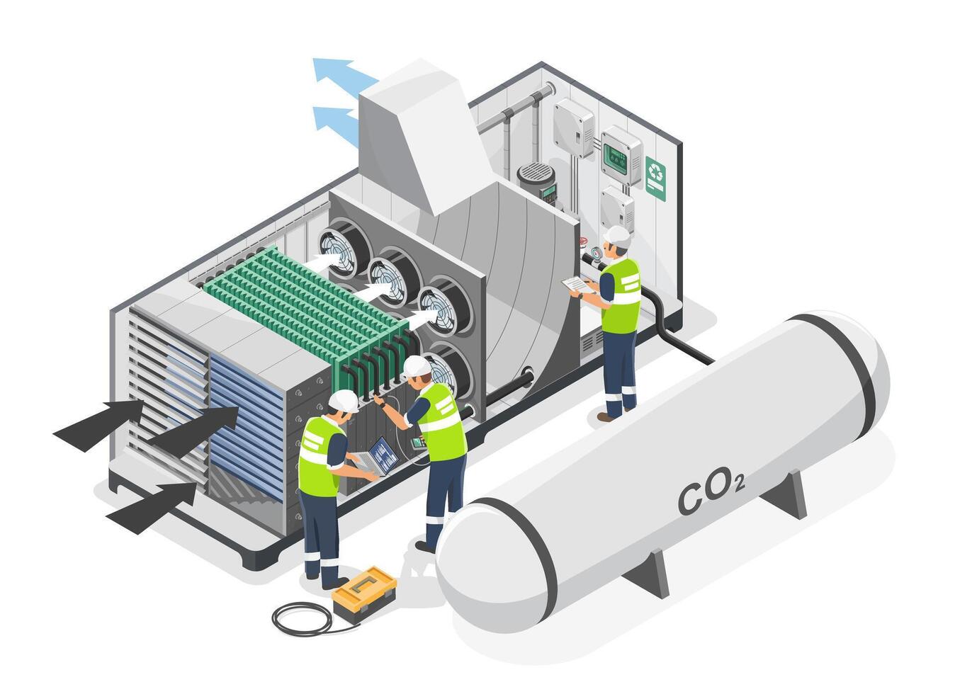 Engineer and technician maintenance service team installation direct air capture carbon CO2 to O2 station eco industrial factory carbon credit friendly concept isometic isolated illustration vector