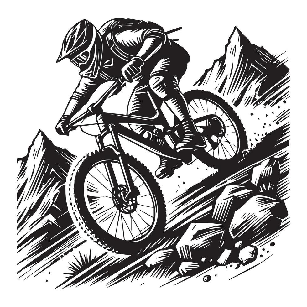 Mountain Biker silhouette - Mountain Cycling Clipart - Mountain Biker illustration in black and white vector