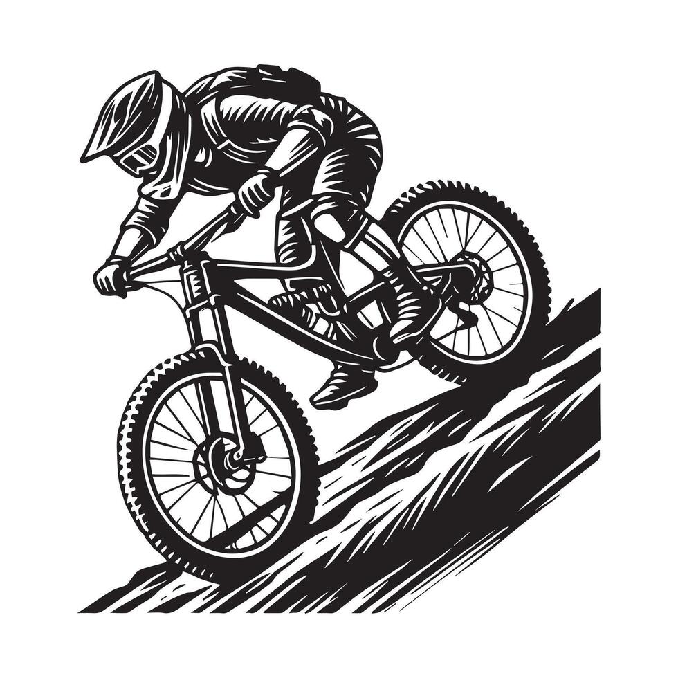 Mountain Biker silhouette - Mountain Cycling Clipart - Mountain Biker Pushing Uphill illustration in black and white vector