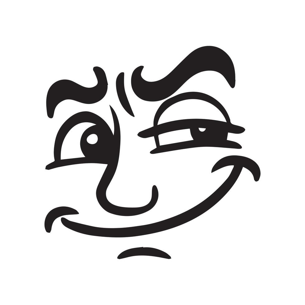 Retro Cartoon Face Clipart, Facial Expression Outline Design - Silly Smirk retro cartoon face illustration in black and white vector
