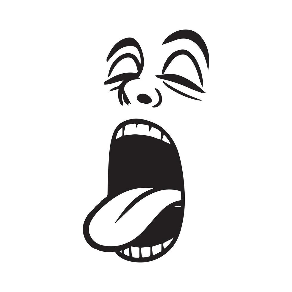 Retro Cartoon Face Clipart, Facial Expression Outline Design - Retro Cartoon Face Exaggerated Yawn illustration in black and white vector