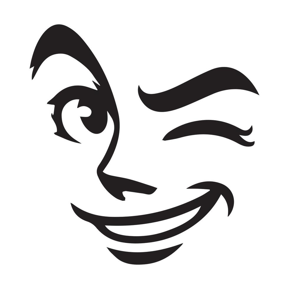 Retro Cartoon Face Clipart, Facial Expression Outline Design - Flirty Wink retro cartoon face illustration in black and white vector