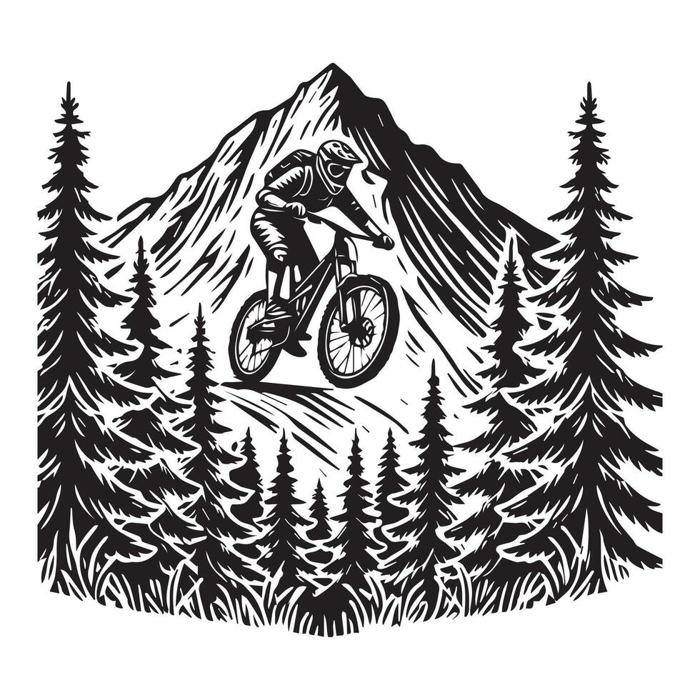 Mountain Biker silhouette - Mountain Cycling Clipart - Mountain Biker Riding illustration in black and white vector