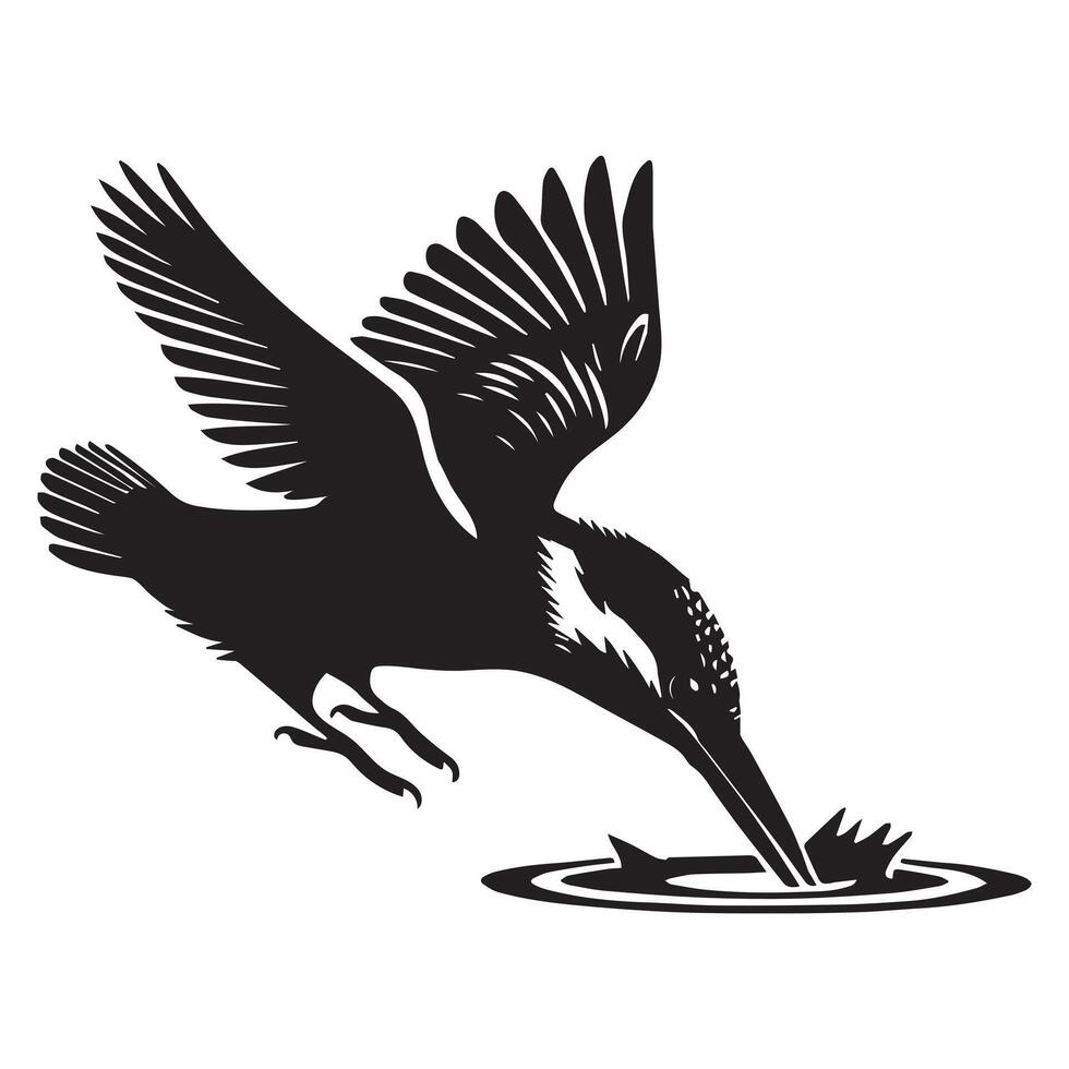 Eurasian Kingfisher silhouette - River Kingfisher Clipart - Common Kingfisher In a shallow dive illustration in black and white vector