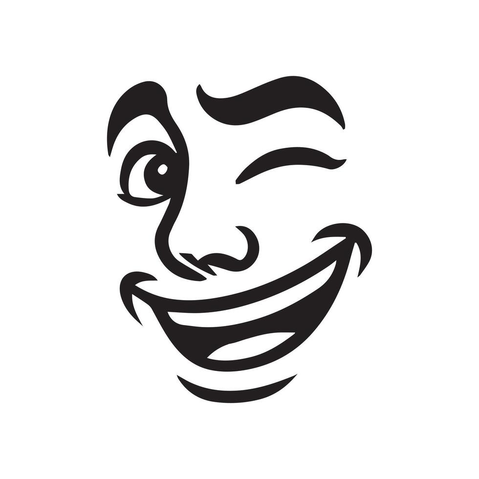 Retro Cartoon Face Clipart, Facial Expression Outline Design - Retro Cartoon Face With Classic Wink illustration in black and white vector