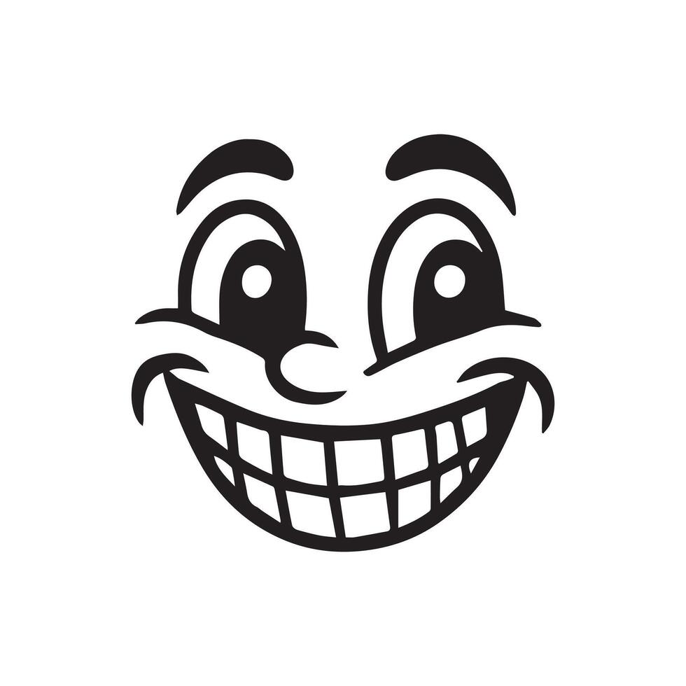 Retro Cartoon Face Clipart, Facial Expression Outline Design - Cheery Chuckle retro face illustration in black and white vector