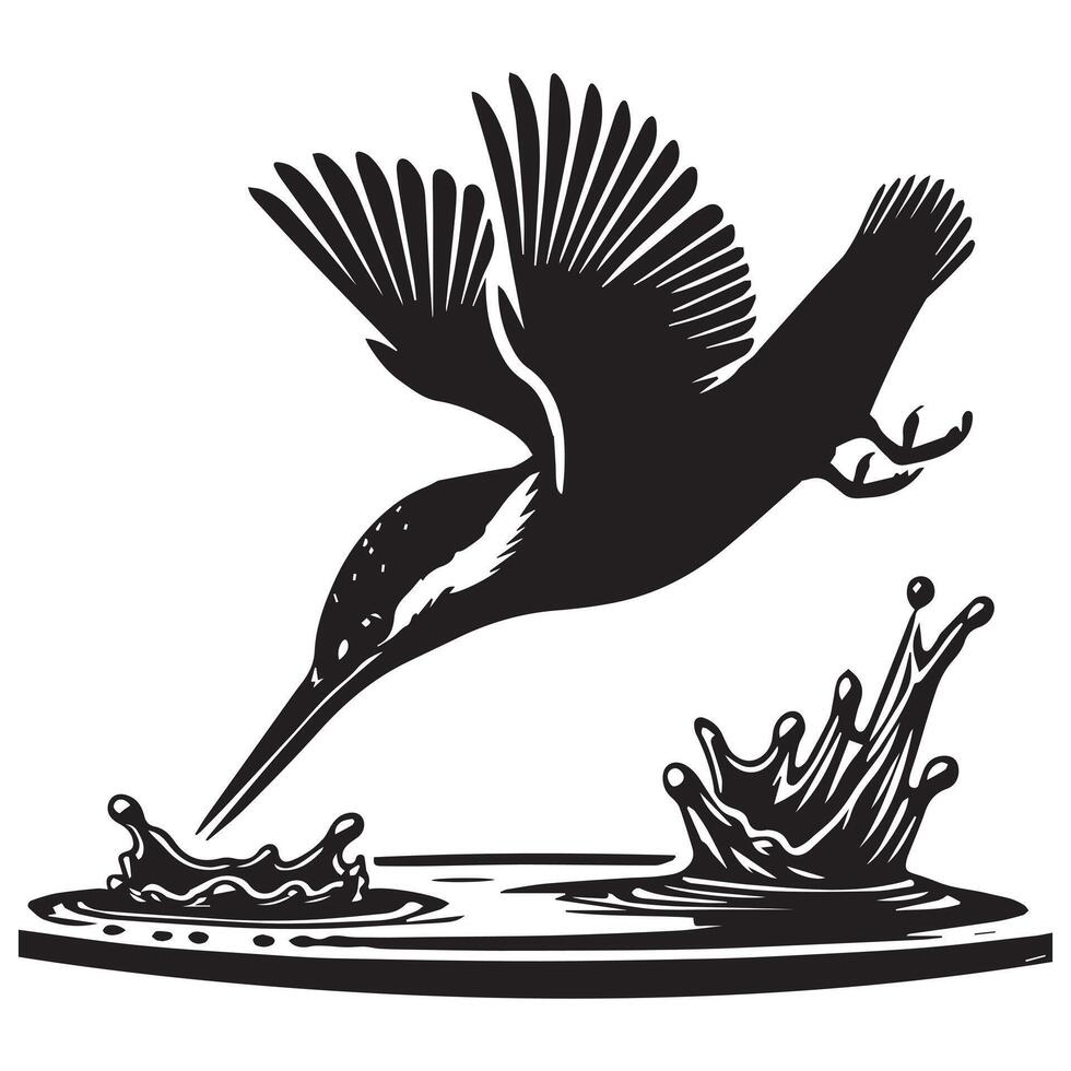Eurasian Kingfisher silhouette - River Kingfisher Clipart - Common Kingfisher Diving into water illustration in black and white vector