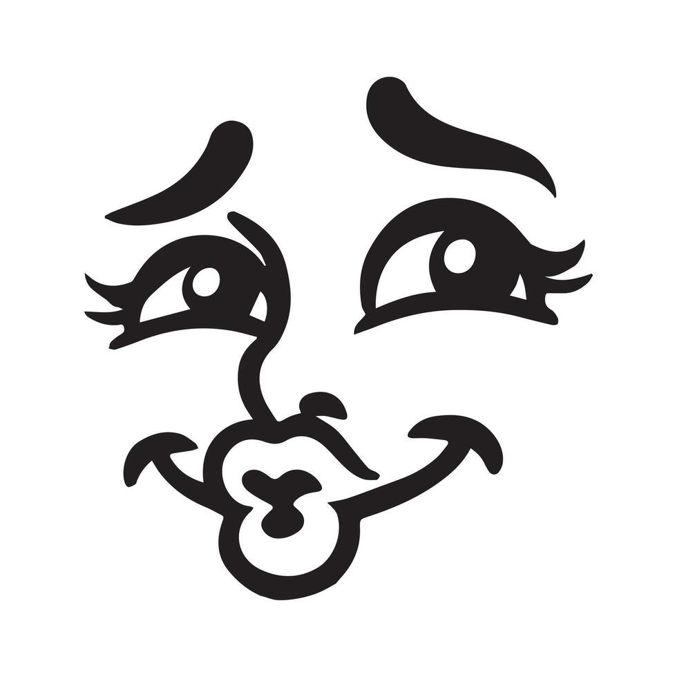 Retro Cartoon Face Clipart, Facial Expression Outline Design - Retro Cartoon Face Playful Pout illustration in black and white vector
