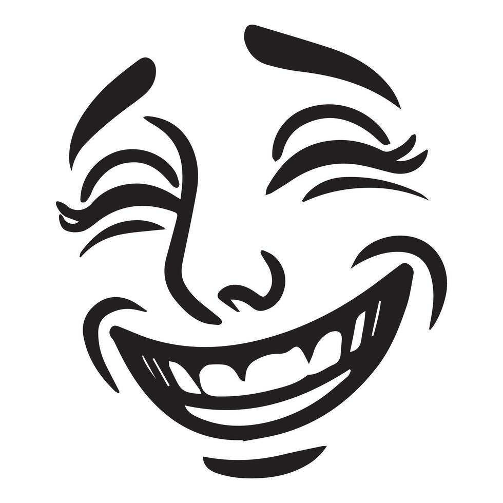 Retro Cartoon Face Clipart, Facial Expression Outline Design - Retro Cartoon Face Nostalgic Smile illustration in black and white vector