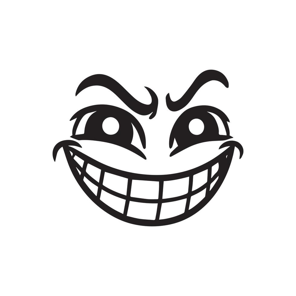 Retro Cartoon Face Clipart, Facial Expression Outline Design - Mischievous Grin retro cartoon illustration in black and white vector
