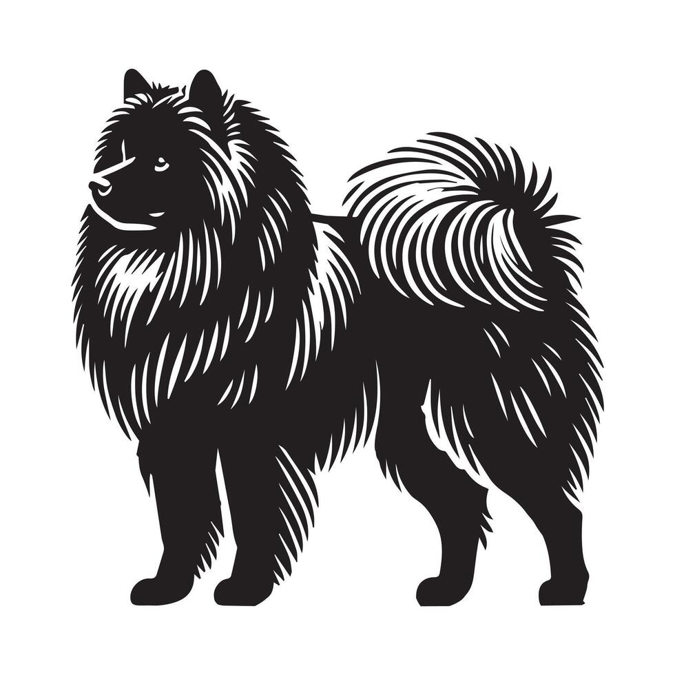 Keeshond Dog Standing silhouette - standing dog side view illustration in black and white vector