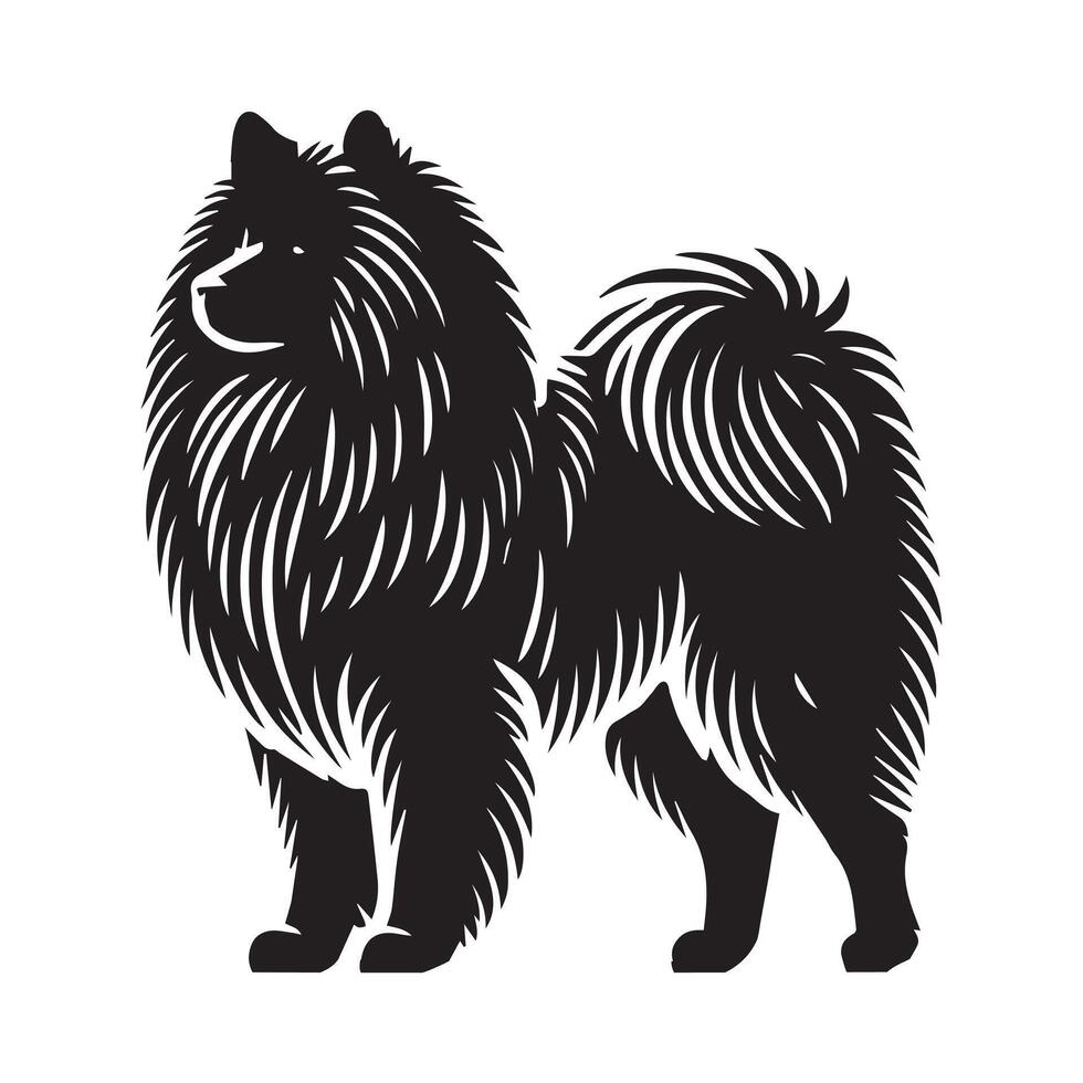 Keeshond Dog Standing silhouette - standing dog side view illustration in black and white vector