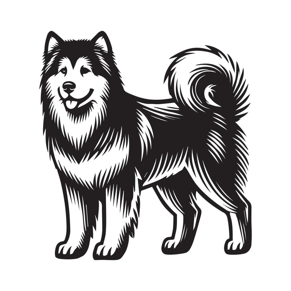 Alaskan Malamute Dog Standing - standing dog side view illustration in black and white vector