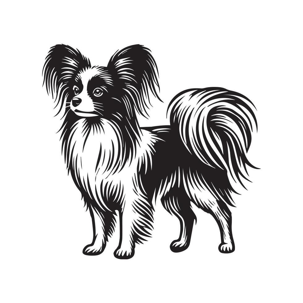 Papillon Dog Standing silhouette - standing dog side view illustration in black and white vector