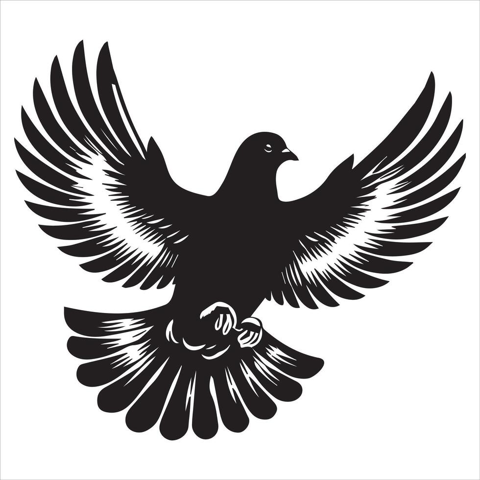 Rock Dove Silhouette, Pigeon Bird Clipart - Columba livia Design - Rock Dove flapping wings Illustration in black and white vector