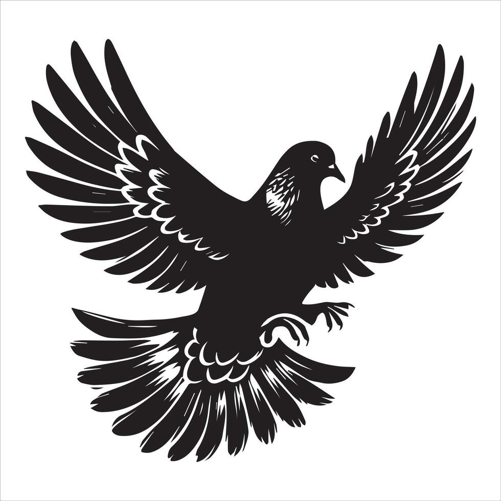 Rock Dove Silhouette, Pigeon Bird Clipart - Rock Dove hovering in mid-air Illustration in black and white vector