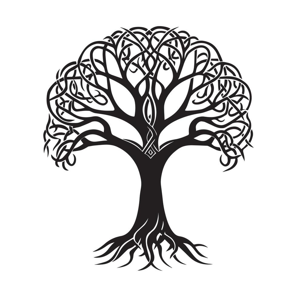 Celtic Tree of Life Clipart, Celtic Tree Silhouette - A Celtic Pine of Tara tree illustration in black and white vector