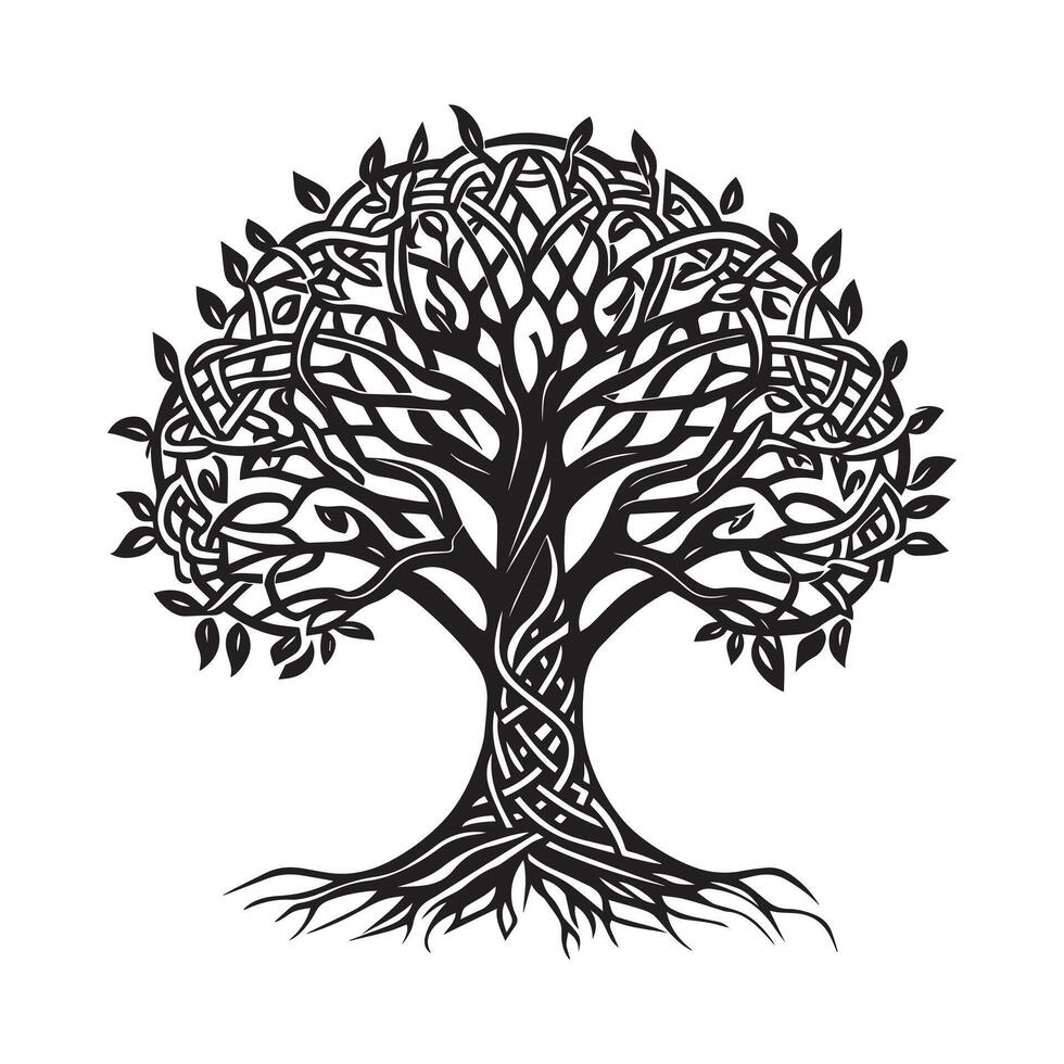 Celtic Tree of Life Clipart, Celtic Tree Silhouette - A Celtic Elm of Imbolc Tree Illustration in black and white vector