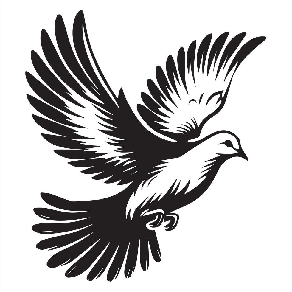Mourning Dove Silhouette - Zenaida macroura Clipart - Mourning Dove flying Illustration in black and white vector