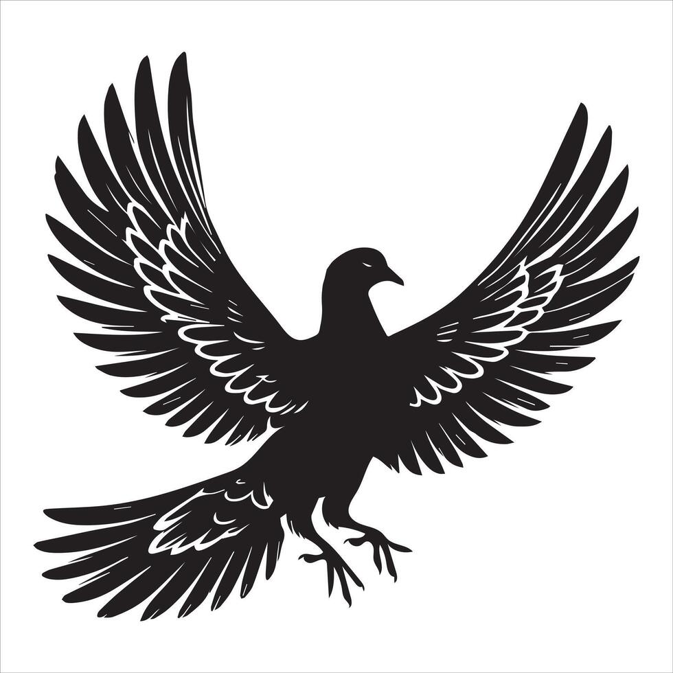 Mourning Dove Silhouette - Zenaida macroura Clipart - Mourning Dove stretching wings out Illustration in black and white vector