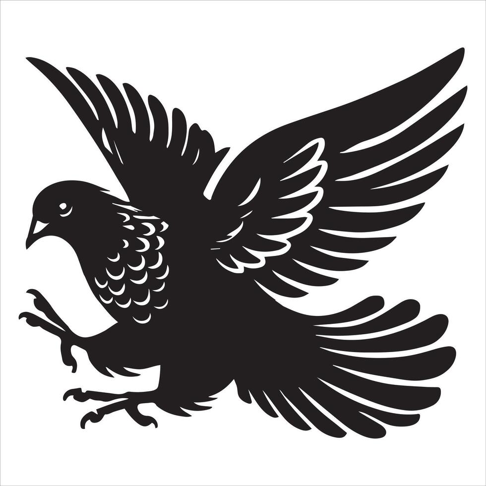 Rock Dove Silhouette, Pigeon Bird Clipart - Rock Dove wings slightly open Illustration in black and white vector