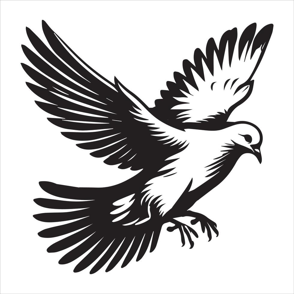 Mourning Dove Silhouette - Zenaida macroura Clipart - Mourning Dove mid-swoop Illustration in black and white vector