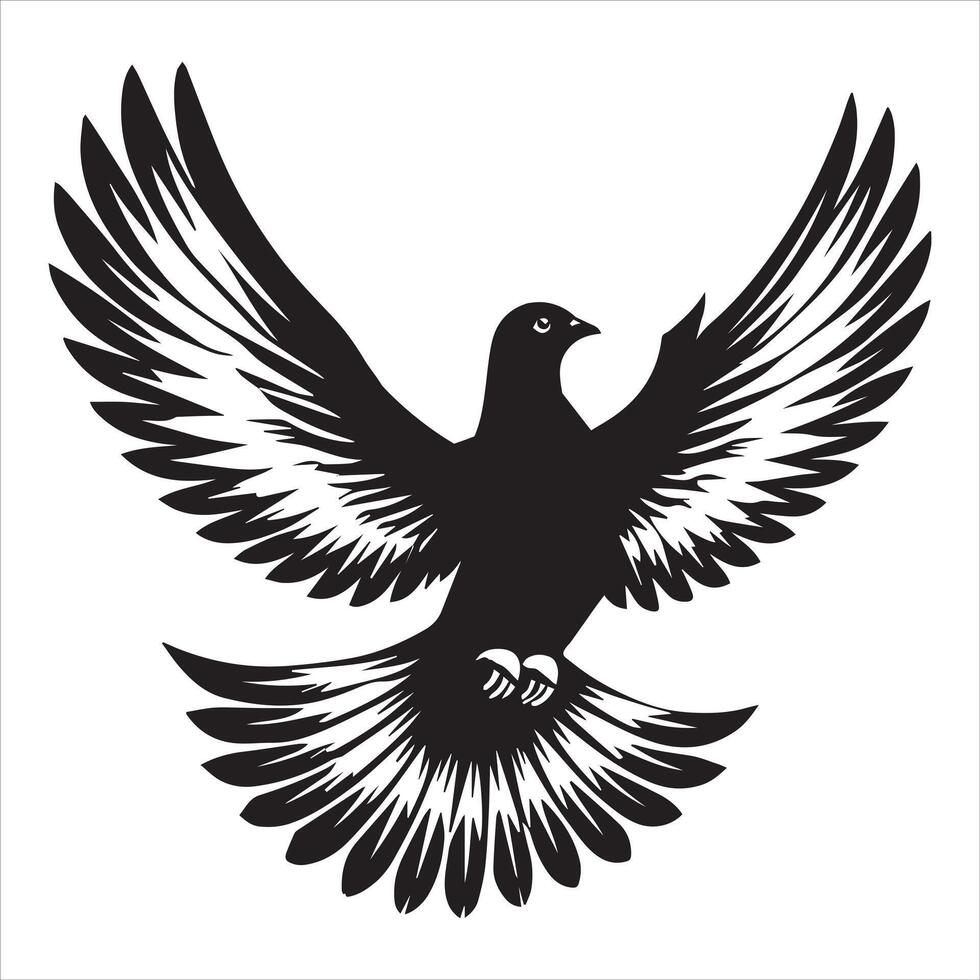 Rock Dove Silhouette, Pigeon Bird Clipart - Rock Dove soaring high Illustration in black and white vector